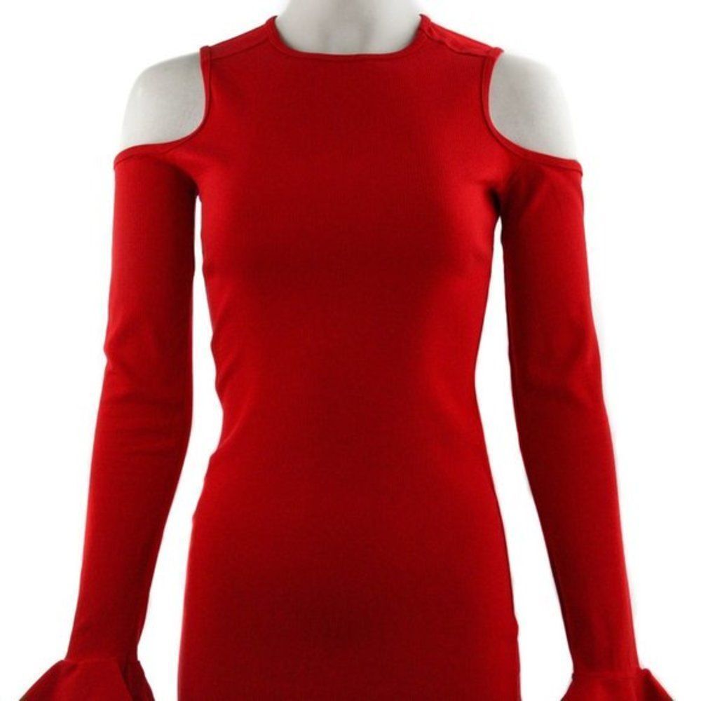 MICHAEL LO SORDO Red Long Sleeve Exposed Shoulder Dress SZ. 8